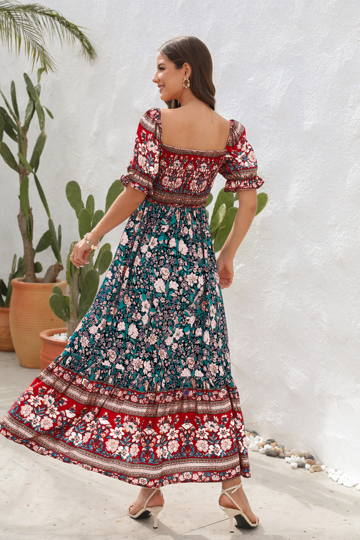 Robe maxi bohème | Détails smockés et allure fluide