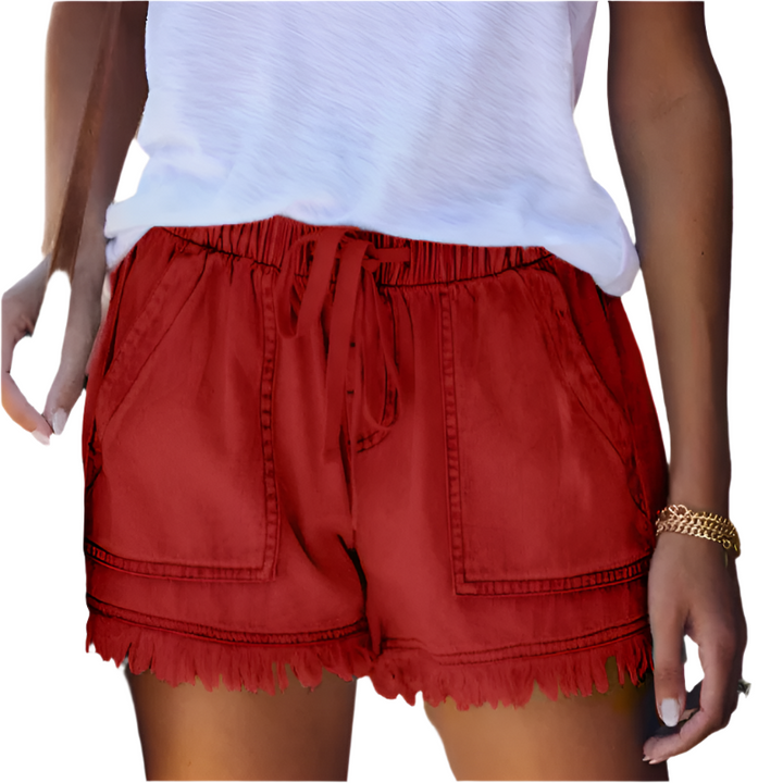 Short taille haute en denim avec détails frangés | Parfait pour les journées décontractées