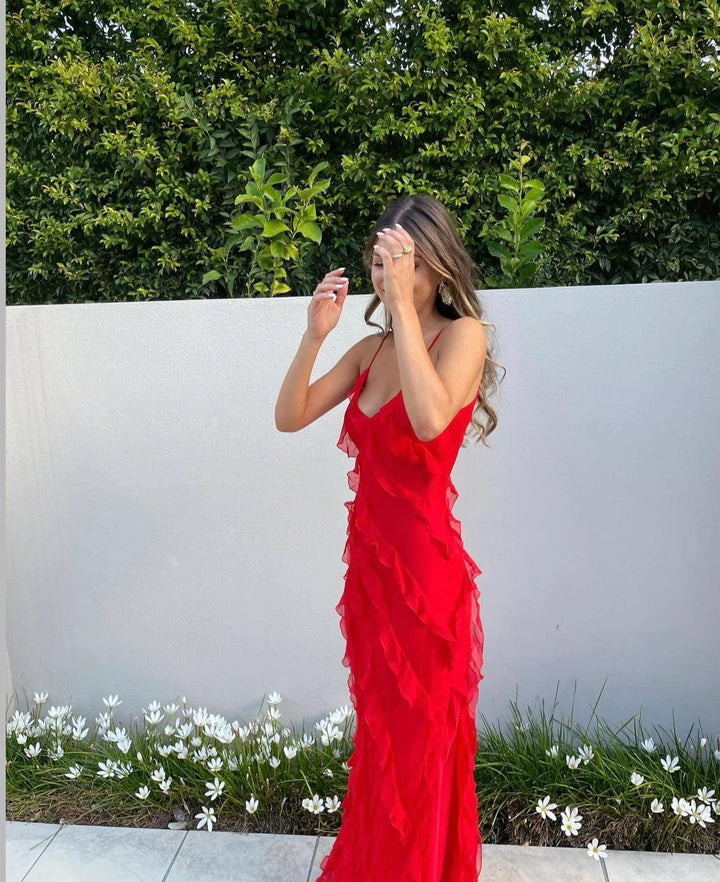 Robe longue fluide à volants | Élégante pour les soirées estivales