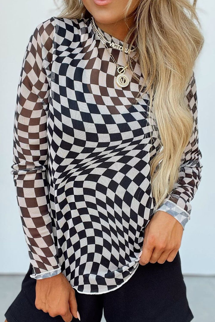 Blouse à col montant | Motif à carreaux graphique