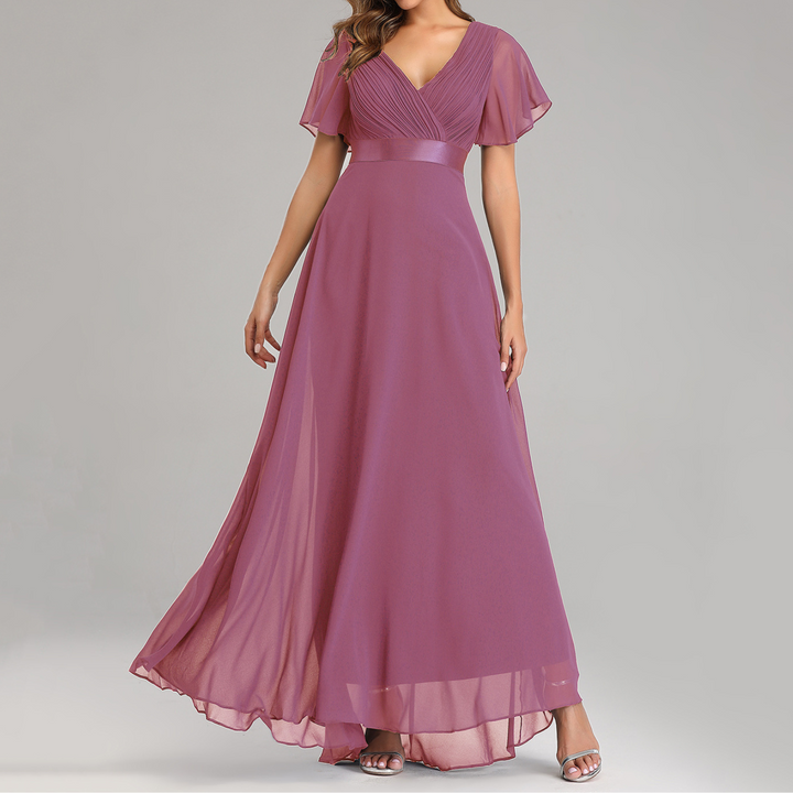 Robe de Soirée Élégante à Col en V et Manches Volantes | Silhouette Intemporelle pour Toutes les Occasions