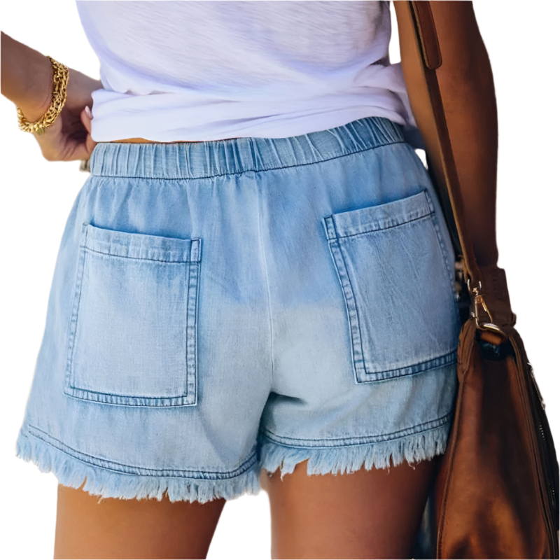 Short taille haute en denim avec détails frangés | Parfait pour les journées décontractées