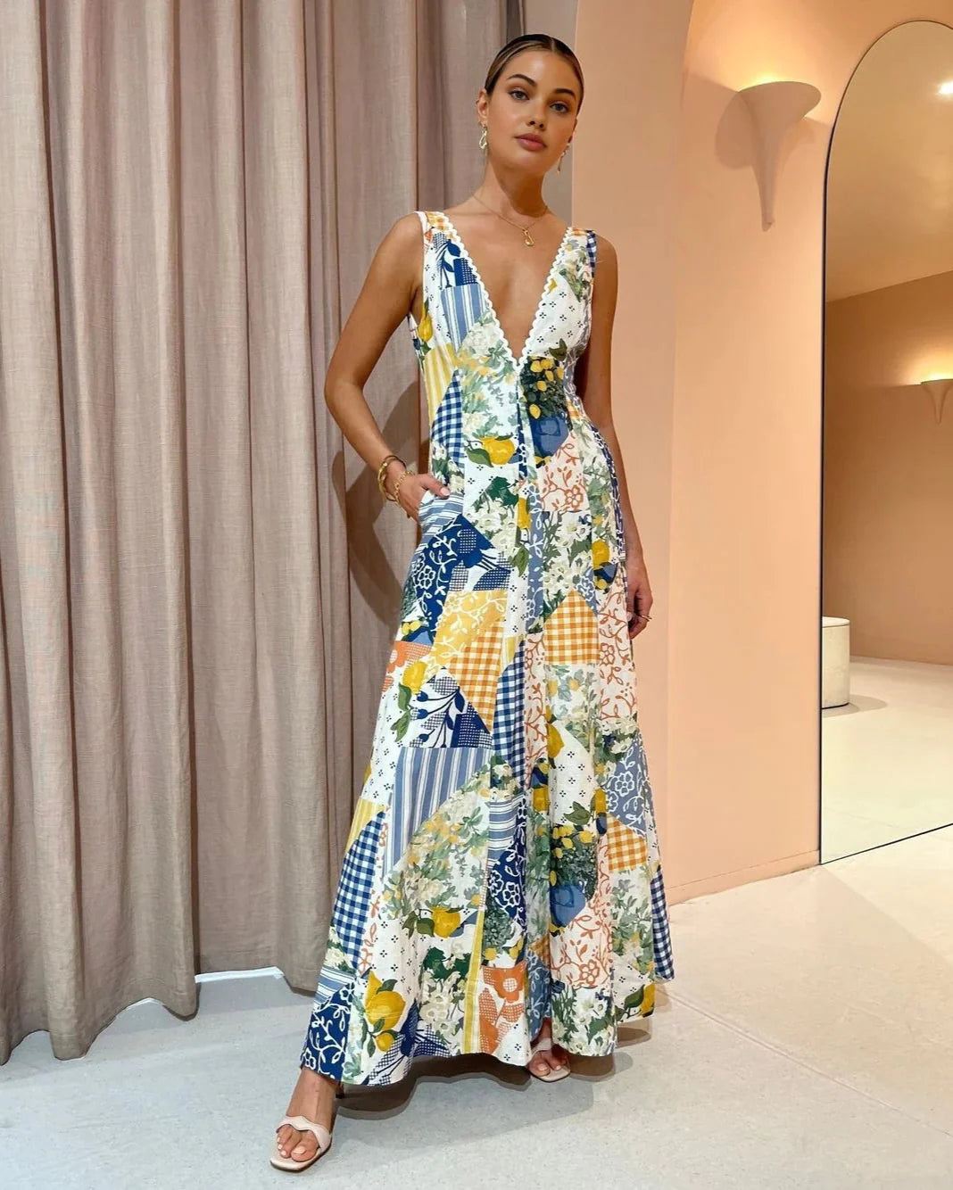 Robe maxi imprimée femme | Fraîcheur estivale avec détail en dentelle