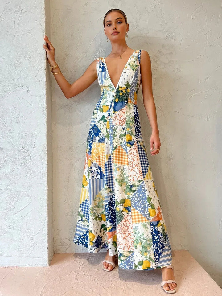 Robe maxi imprimée femme | Fraîcheur estivale avec détail en dentelle