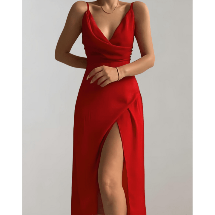 Robe satinée fendue à bretelles | Élégance glamour pour soirées et occasions