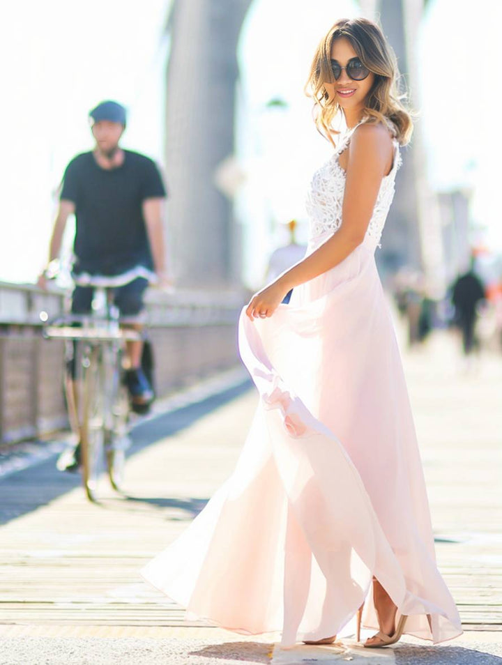 Robe longue élégante en dentelle et chiffon | Parfaite pour les cérémonies