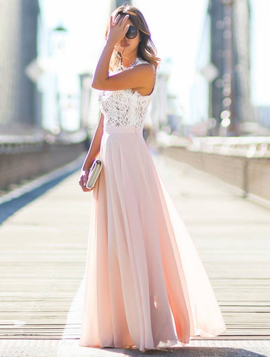 Robe longue élégante en dentelle et chiffon | Parfaite pour les cérémonies