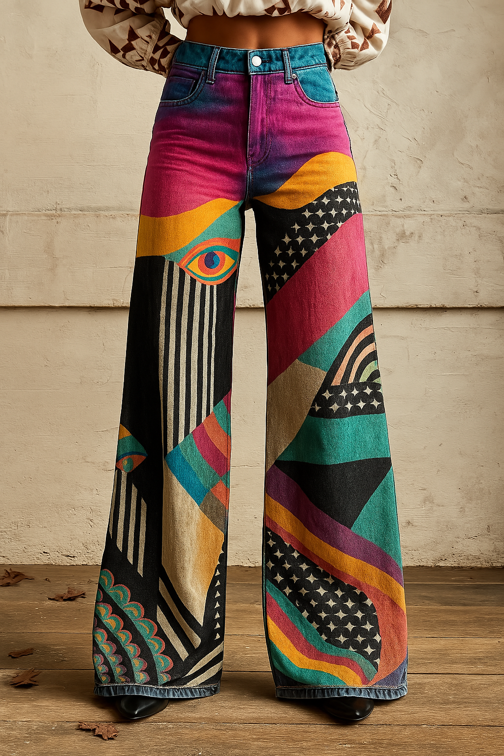 Pantalon artistique flare | Motifs géométriques tendance