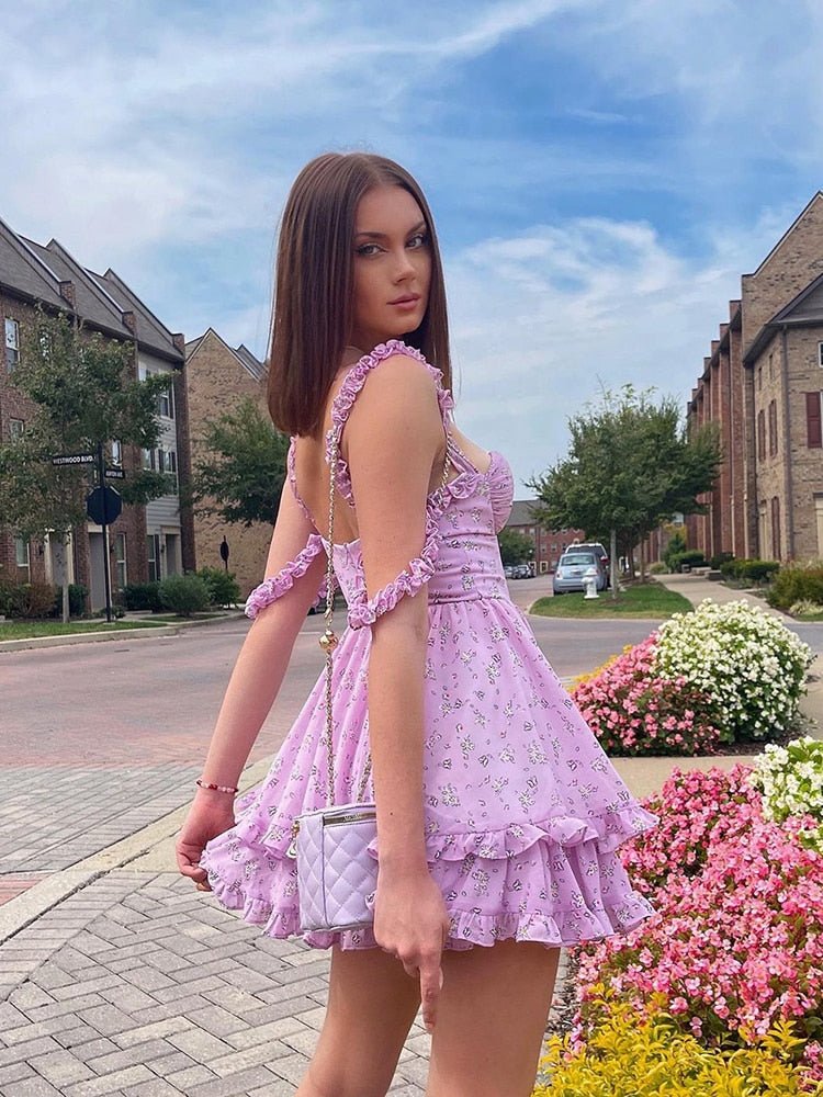 Robe d’été fleurie lilas à volants