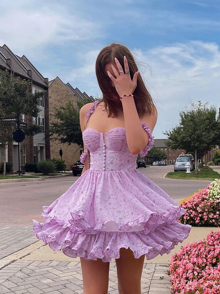 Robe d’été fleurie lilas à volants