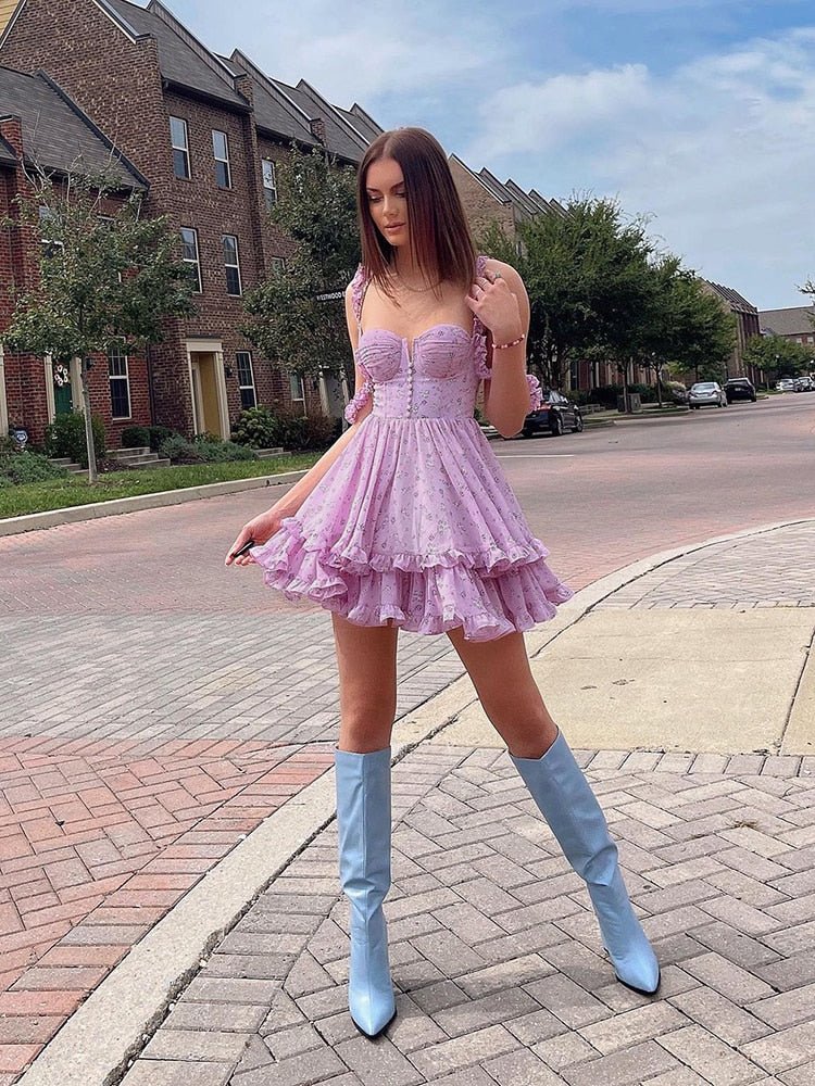 Robe d’été fleurie lilas à volants