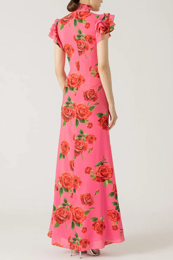 Robe longue à col montant | Élégance florale raffinée