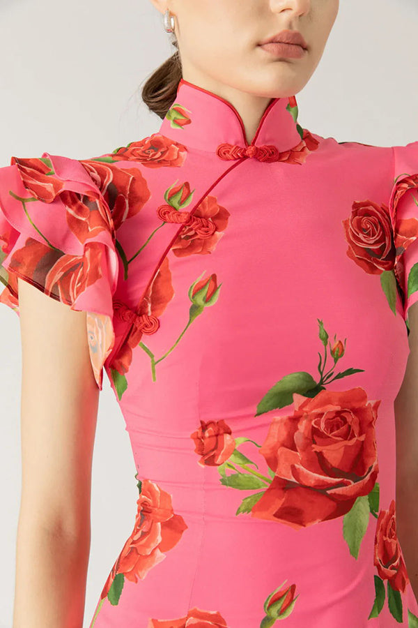 Robe longue à col montant | Élégance florale raffinée