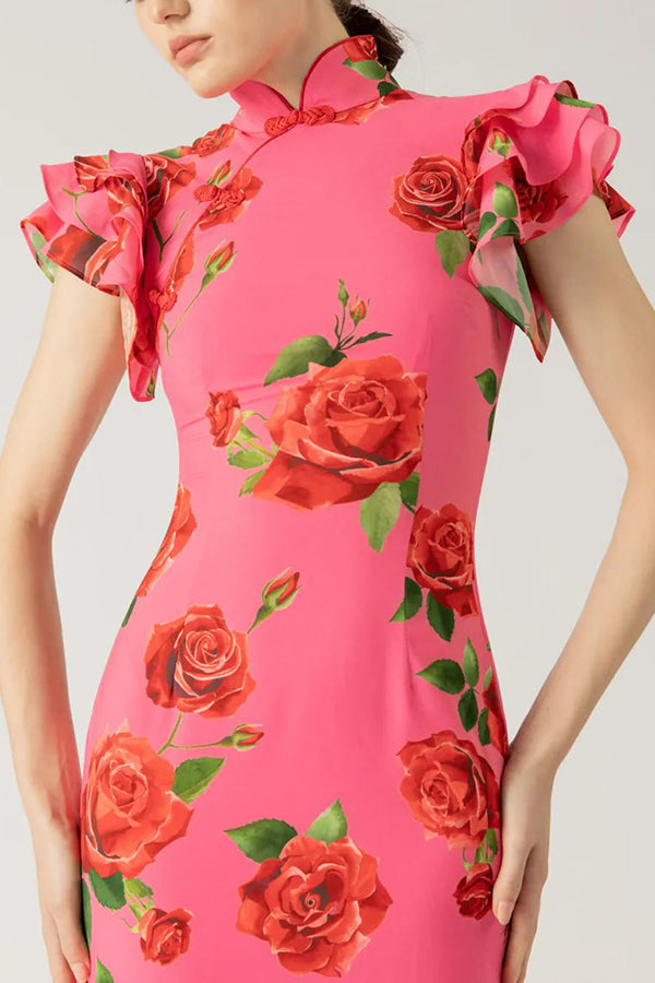 Robe longue à col montant | Élégance florale raffinée