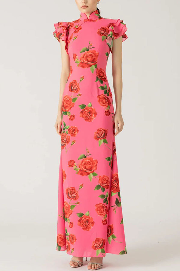 Robe longue à col montant | Élégance florale raffinée