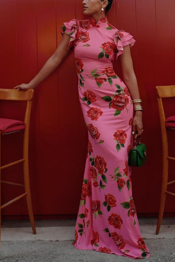 Robe longue à col montant | Élégance florale raffinée