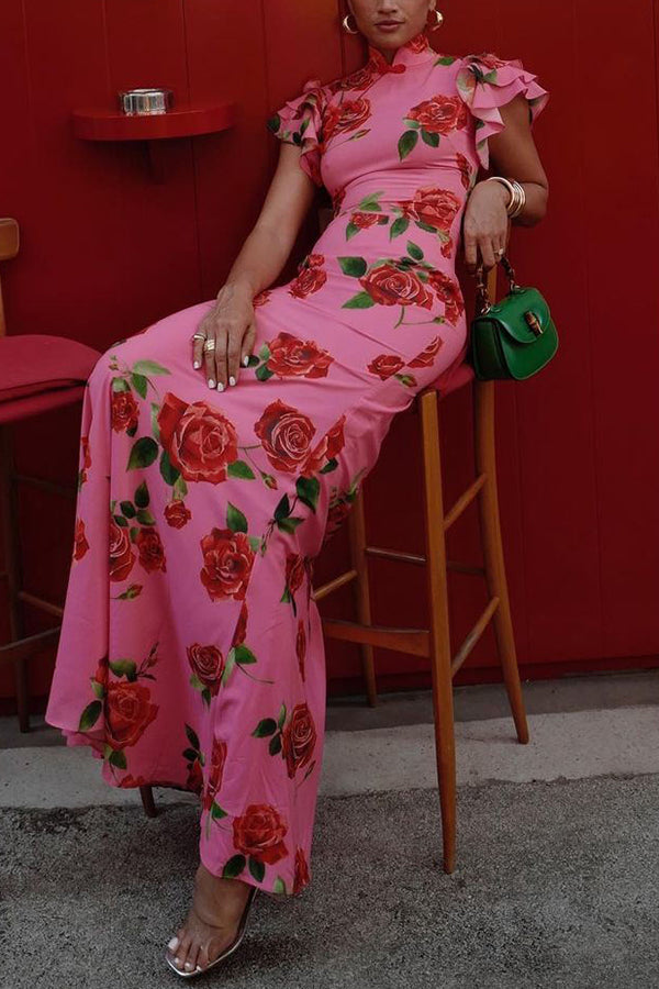 Robe longue à col montant | Élégance florale raffinée