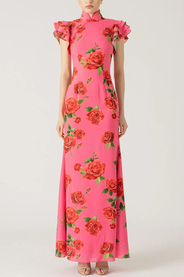 Robe longue à col montant | Élégance florale raffinée