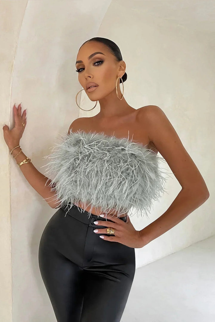 Top bustier plume femme | Style tendance et original pour looks de soirée