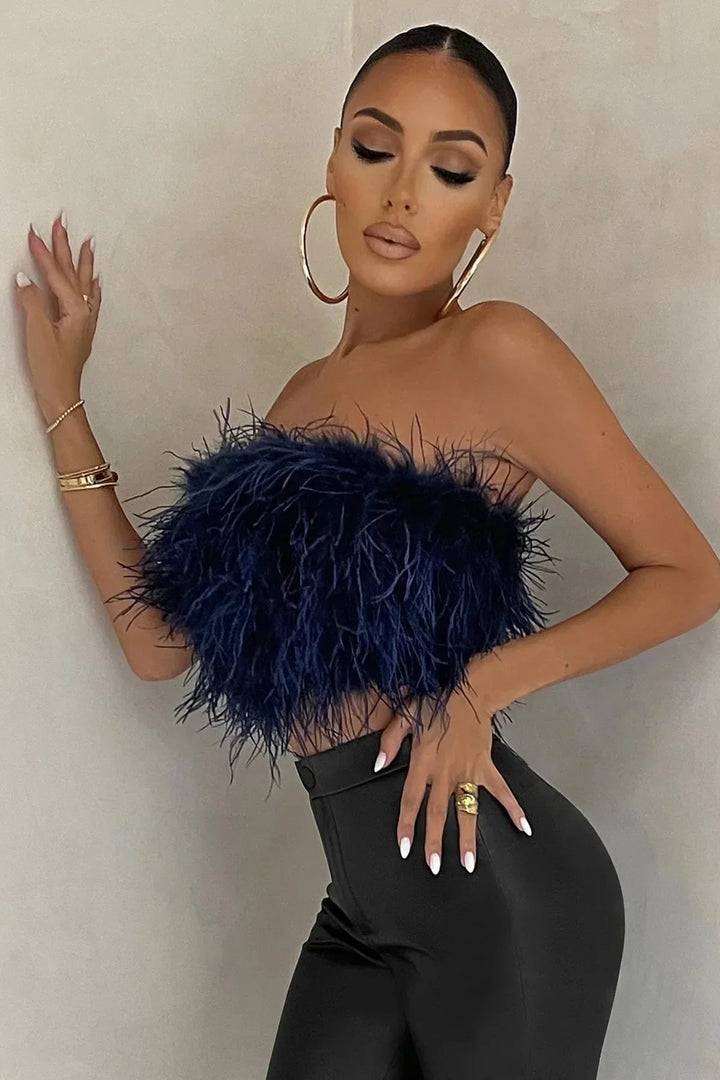 Top bustier plume femme | Style tendance et original pour looks de soirée