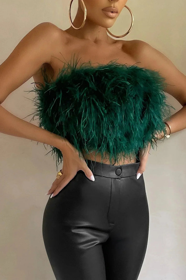 Top bustier plume femme | Style tendance et original pour looks de soirée