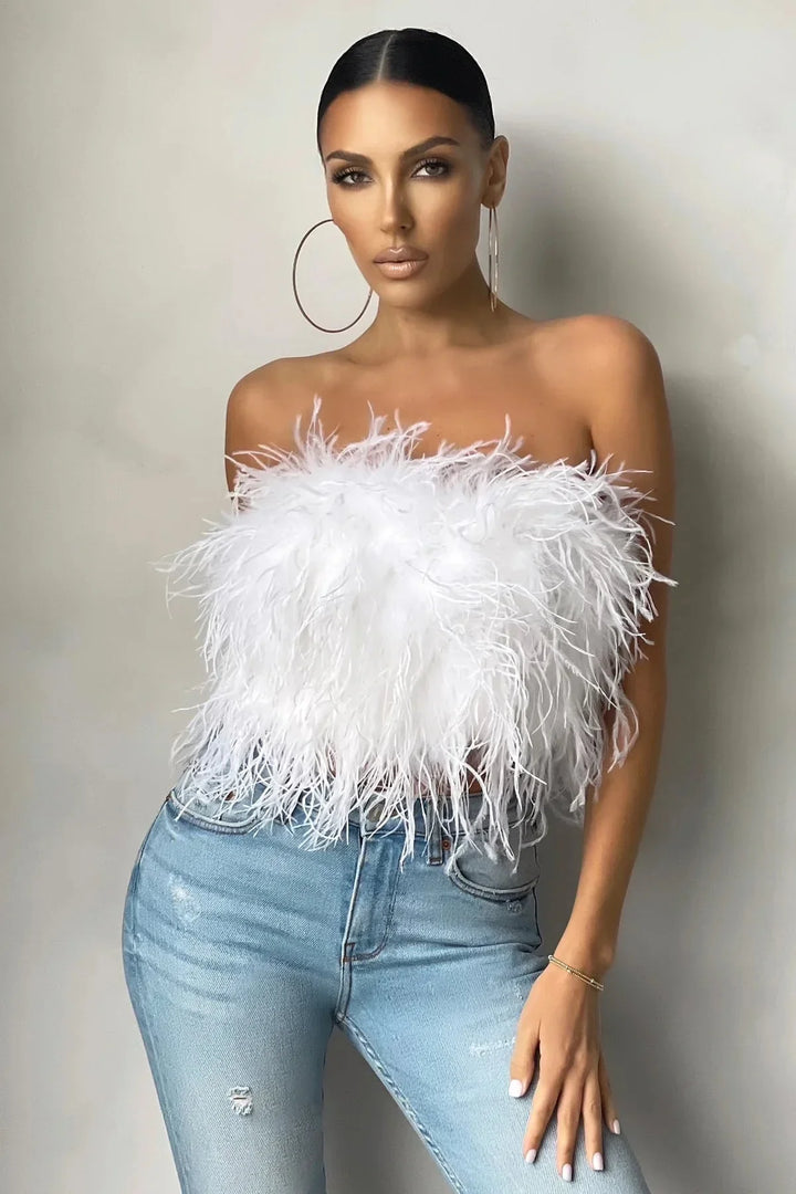 Top bustier plume femme | Style tendance et original pour looks de soirée