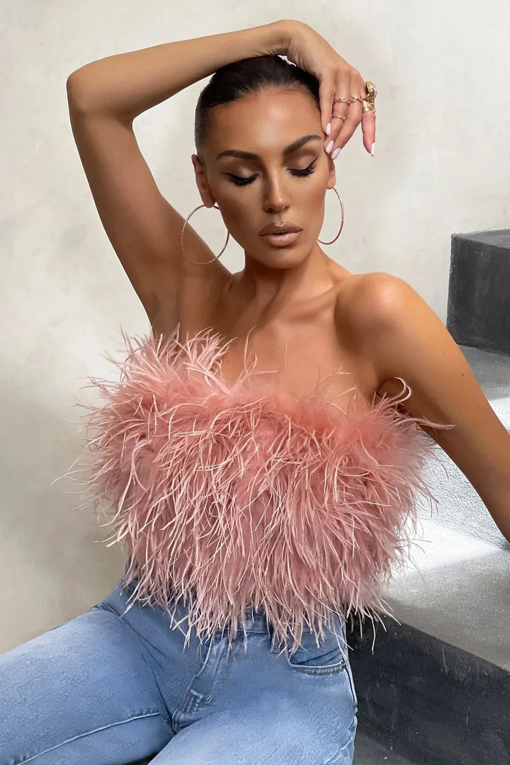 Top bustier plume femme | Style tendance et original pour looks de soirée