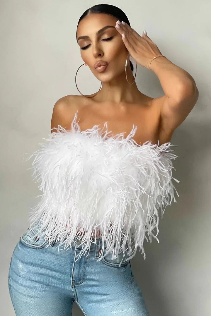 Top bustier plume femme | Style tendance et original pour looks de soirée