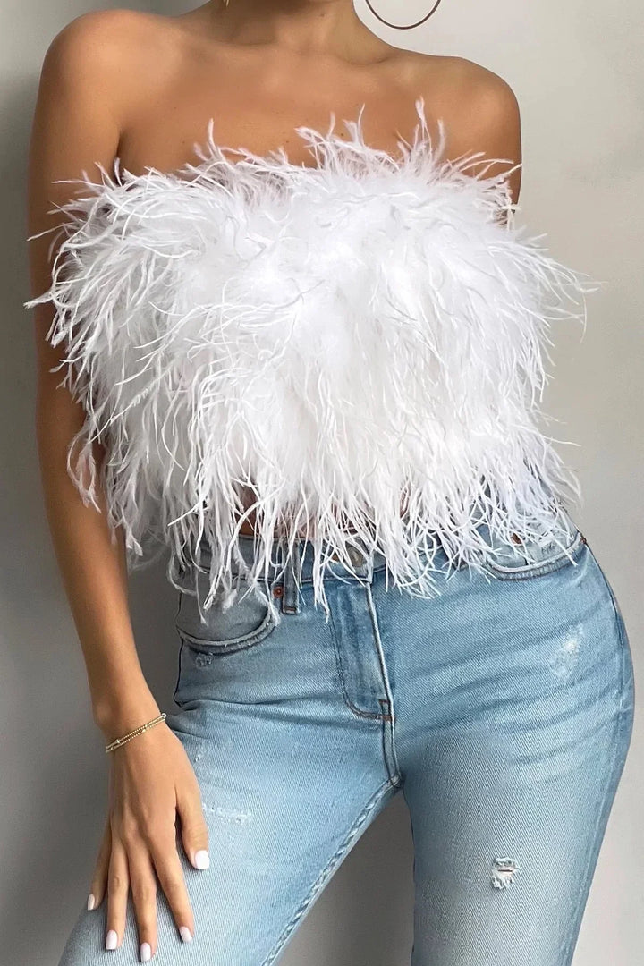 Top bustier plume femme | Style tendance et original pour looks de soirée