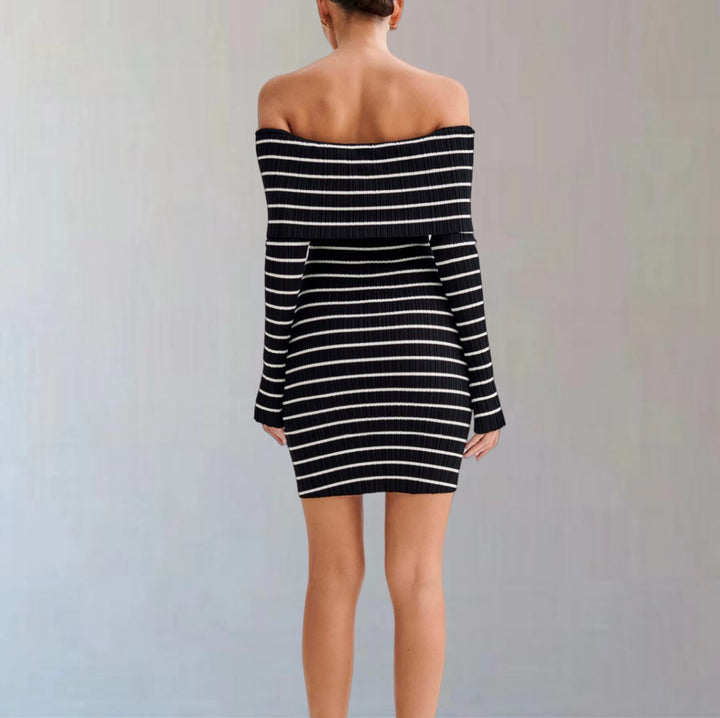 Robe côtelée bardot rayures | Chic automnal sans effort