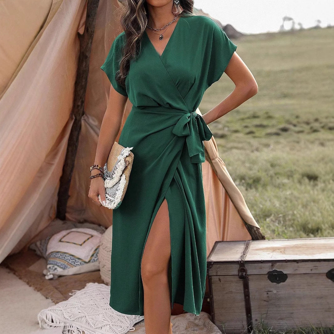 Robe midi portefeuille avec ceinture nouée | Élégance décontractée et confort