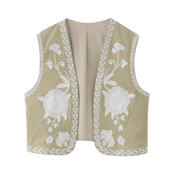 Gilet sans manches brodé bohème | Élégance florale
