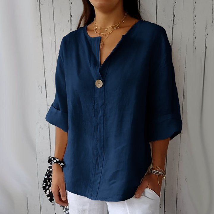 Chemise ample à col en V avec bouton | Élégance simple et coupe fluide
