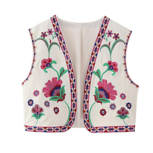 Gilet sans manches brodé bohème | Élégance florale