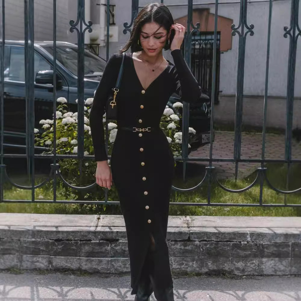 Robe longue boutonnée ceinturée | Élégante pour sorties sophistiquées