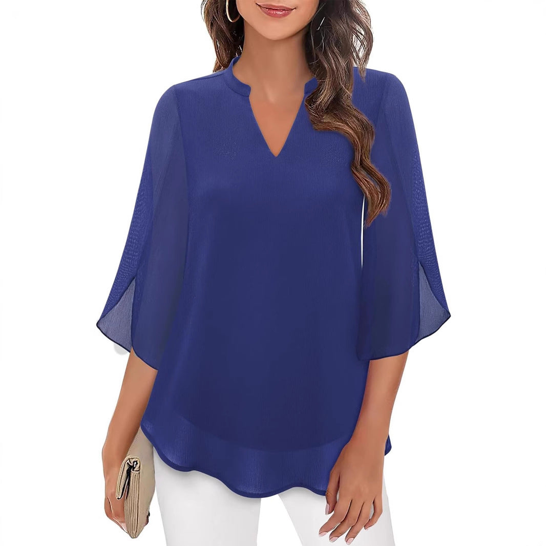 Blouse Élégante à Col en V avec Manches Fendues Fluides | Silhouette Féminine pour Toutes les Occasions