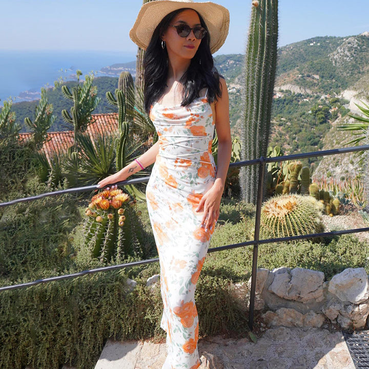 Robe longue imprimé floral à lacets | Élégance romantique pour l'été