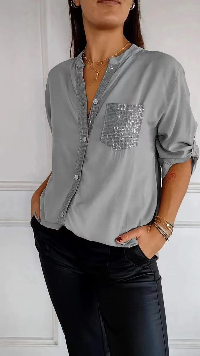 Chemise à Manches Longues à Boutons | Détail Pailleté Élégant pour Toutes Occasions