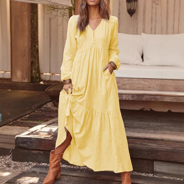 Robe Longue Bohème Élégante à Manches Longues | Silhouette Fluide avec Poches Latérales