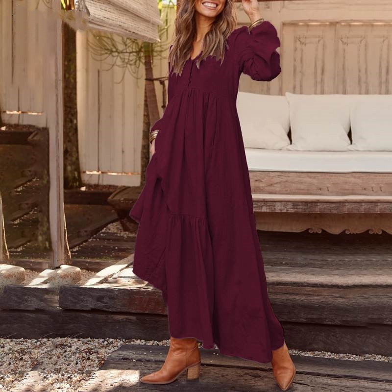 Robe Longue Bohème Élégante à Manches Longues | Silhouette Fluide avec Poches Latérales