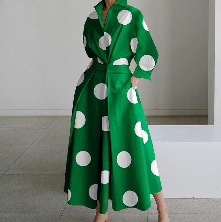 Robe Longue Élégante à Pois | Taille Ceinturée et Silhouette Fluide