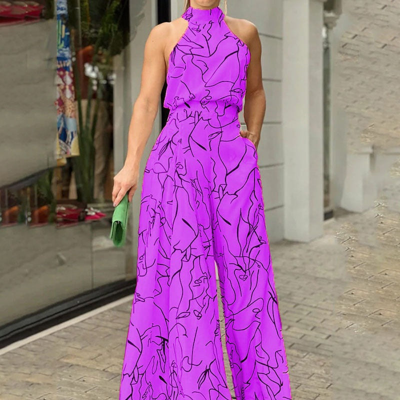Combinaison Élégante à Col Halter | Design Fluide avec Imprimé Artistique