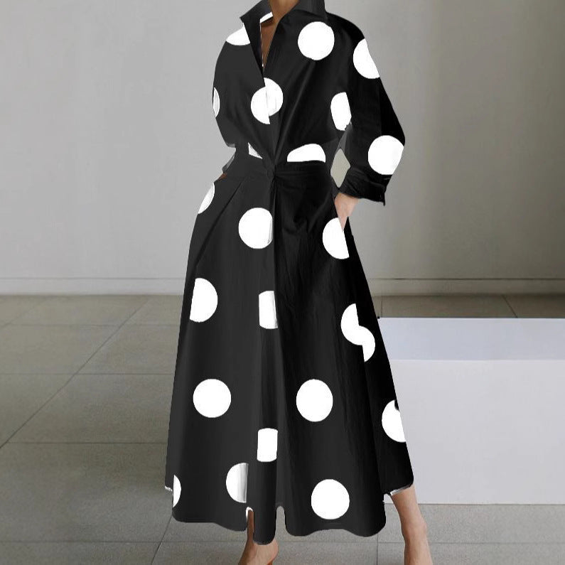Robe Longue Élégante à Pois | Taille Ceinturée et Silhouette Fluide