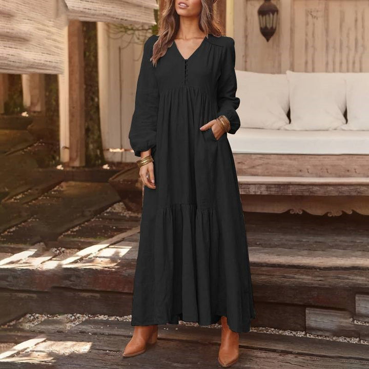 Robe Longue Bohème Élégante à Manches Longues | Silhouette Fluide avec Poches Latérales