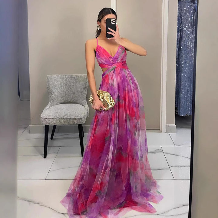 Robe longue dos croisé imprimée | Parfaite pour les occasions élégantes