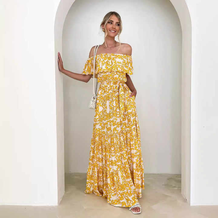 Robe longue épaules dénudées imprimée | Légèreté estivale bohème
