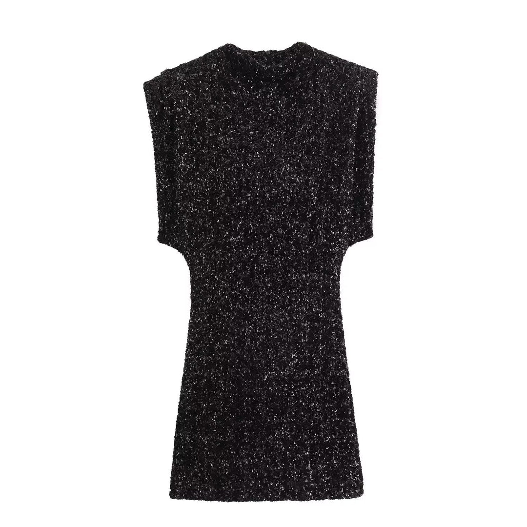 Robe noire scintillante sans manches | Élégance éclatante pour soirées raffinées