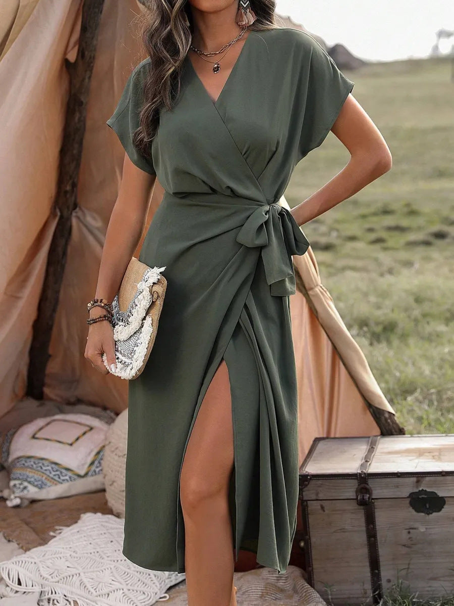 Robe midi portefeuille avec ceinture nouée | Élégance décontractée et confort