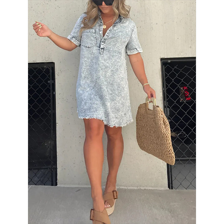 Robe‑chemise courte en denim effet délavé | Parfaite pour look estival décontracté