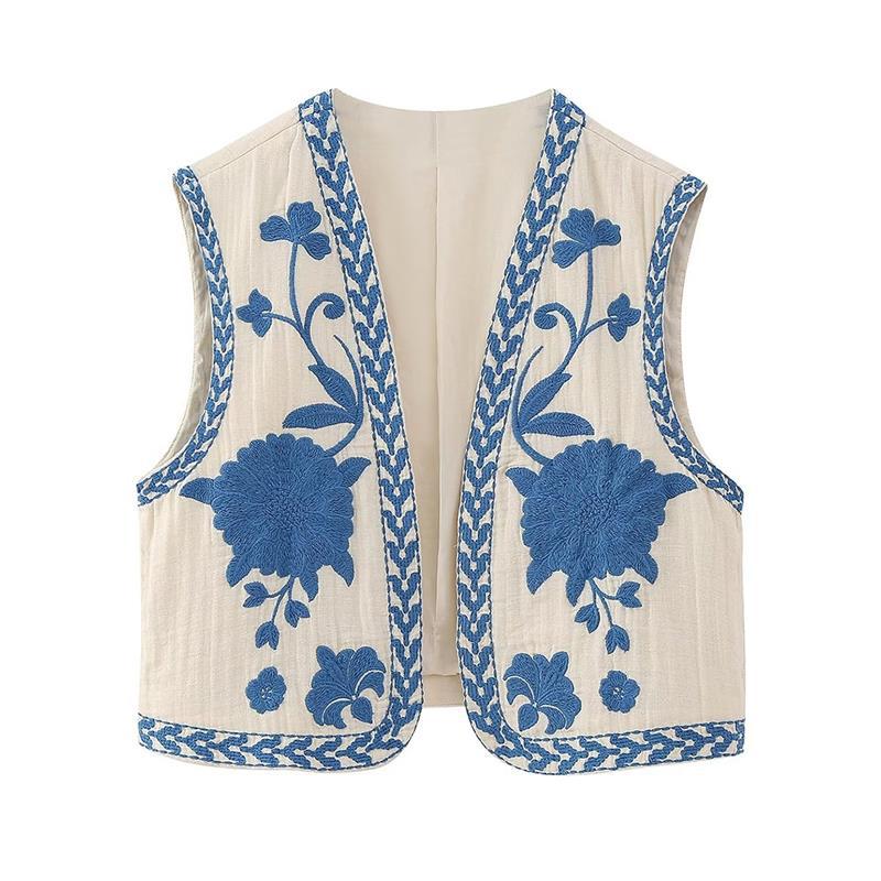 Gilet sans manches brodé bohème | Élégance florale